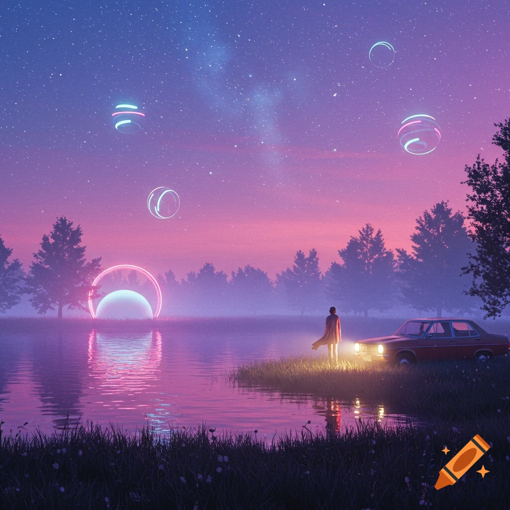 A surreal twilight landscape with a lake reflecting pink and purple hues and glowing neon shapes. A person stands by a vintage car with headlights on, under a starry sky with floating orbs.