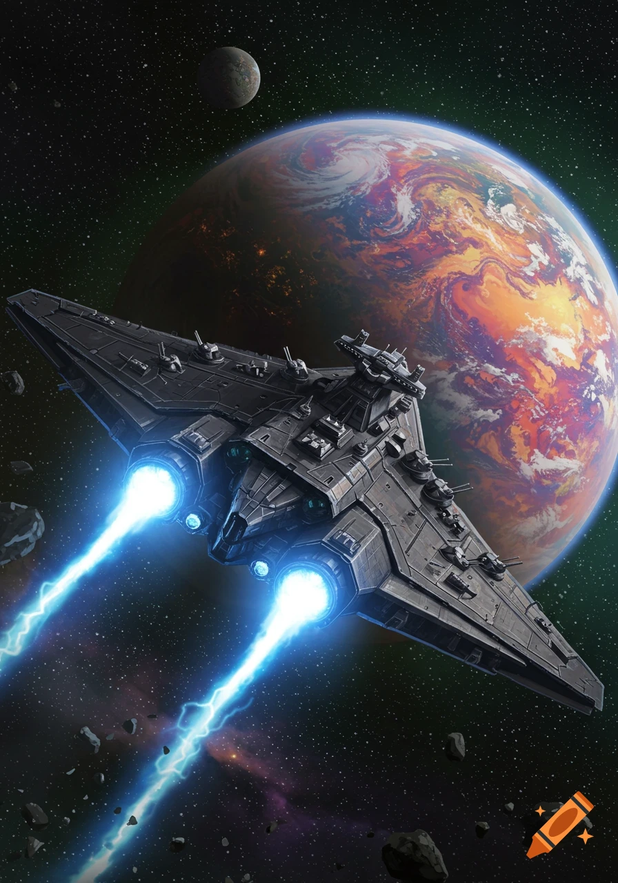 A heavily armed, triangular warship with glowing blue engines flies through space towards the viewer, with a large, swirling planet and a moon in the background.