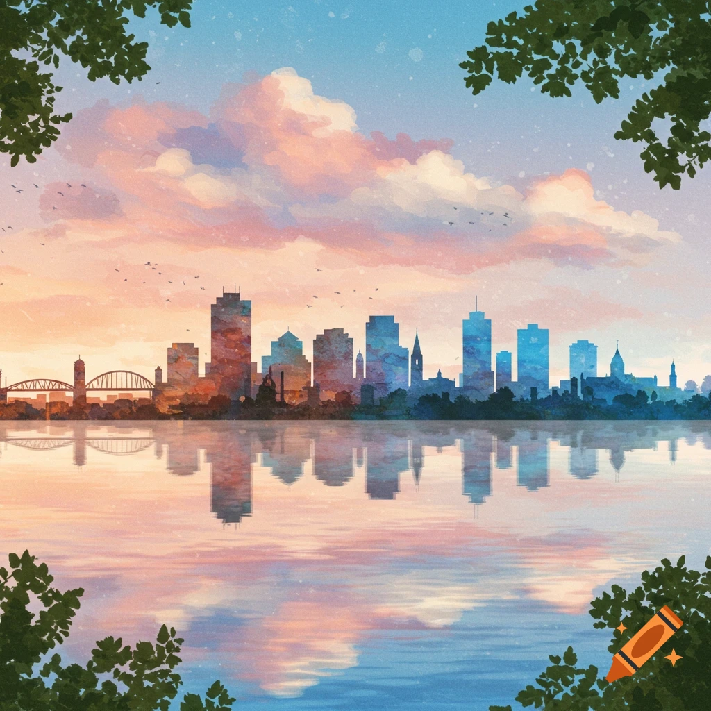 A watercolor illustration of a city skyline at sunset, reflected in water, framed by tree leaves.