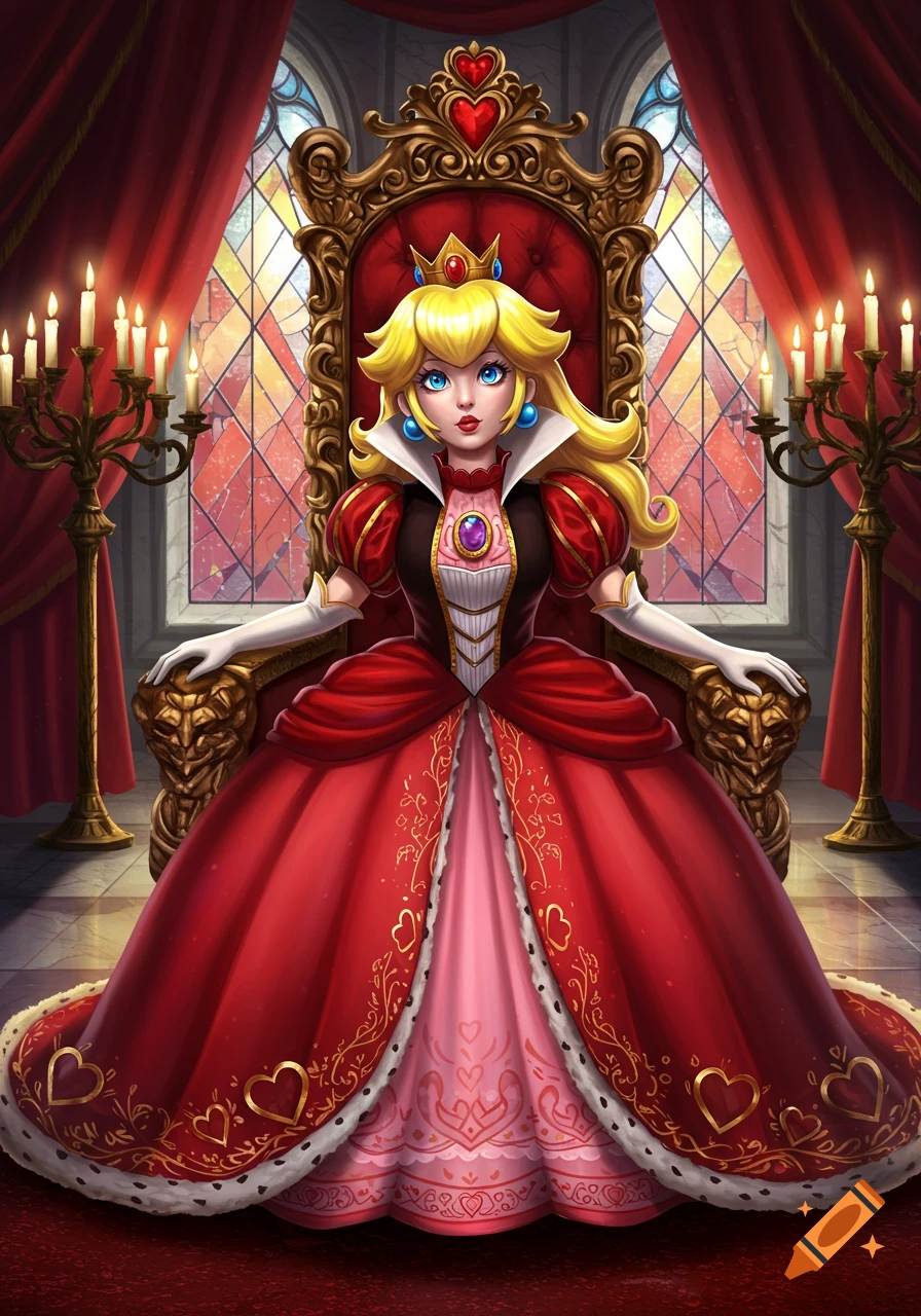 Princess Peach as the Queen of Hearts sits on an ornate golden throne in an illustrative style.