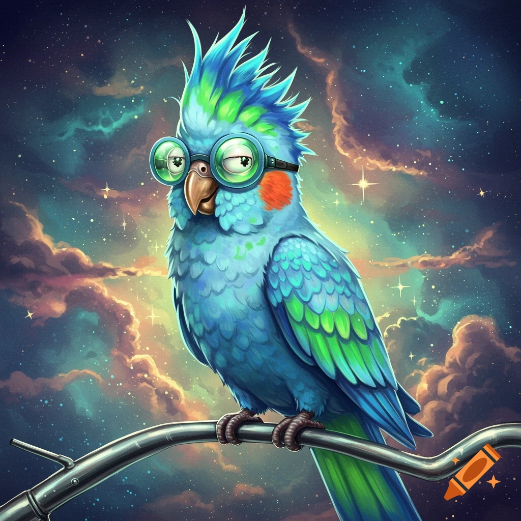 Cartoon blue and green cockatoo with round green goggles perched on a branch against a vibrant space nebula background.