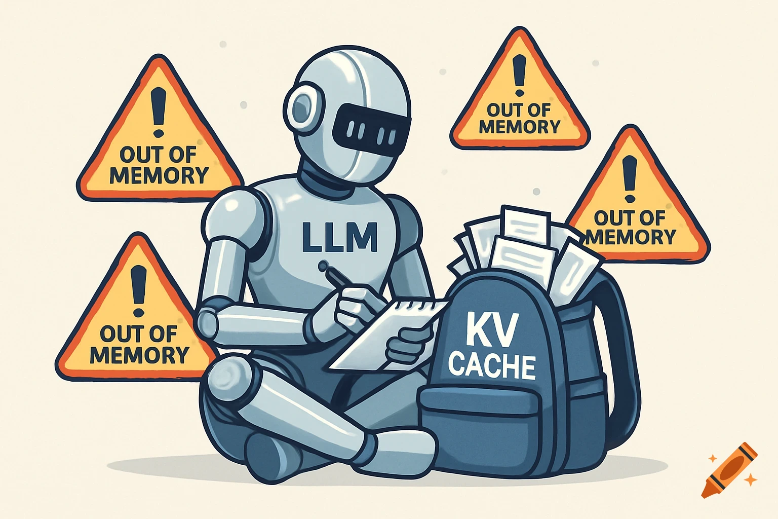 A robot labeled LLM writes next to a KV Cache backpack, surrounded by 'Out of Memory' warning signs, in a clean illustration style.