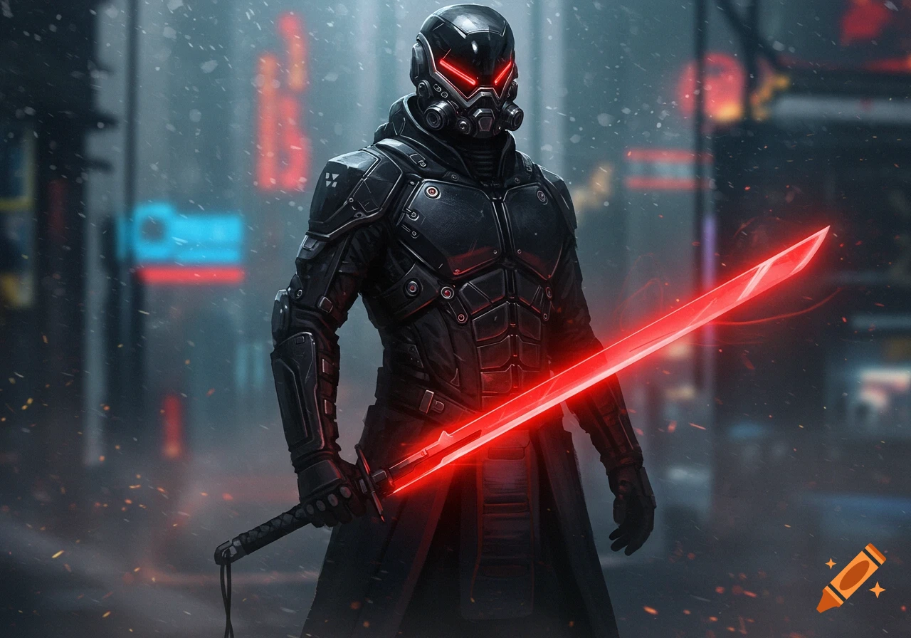A futuristic warrior in black armor and a helmet with glowing red eyes stands in a rainy cyberpunk city, holding a glowing red sword.