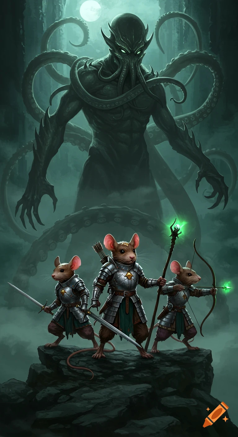 Three armored anthropomorphic mice stand on a rock, facing a giant, shadowy, Cthulhu-like creature under a full moon in a dark, misty landscape.