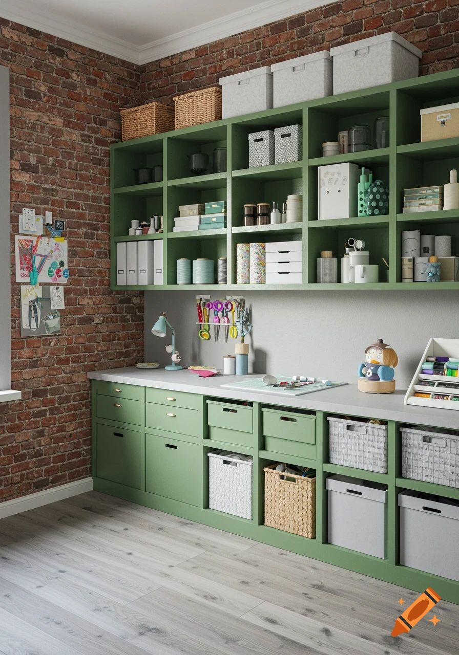 A bright craft room with green built-in shelves, a long work desk, and a rustic red brick accent wall. Storage boxes and craft supplies are neatly organized.