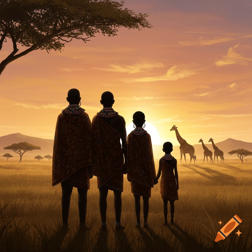 Silhouetted family in traditional African attire watching giraffes at sunset in a safari landscape.