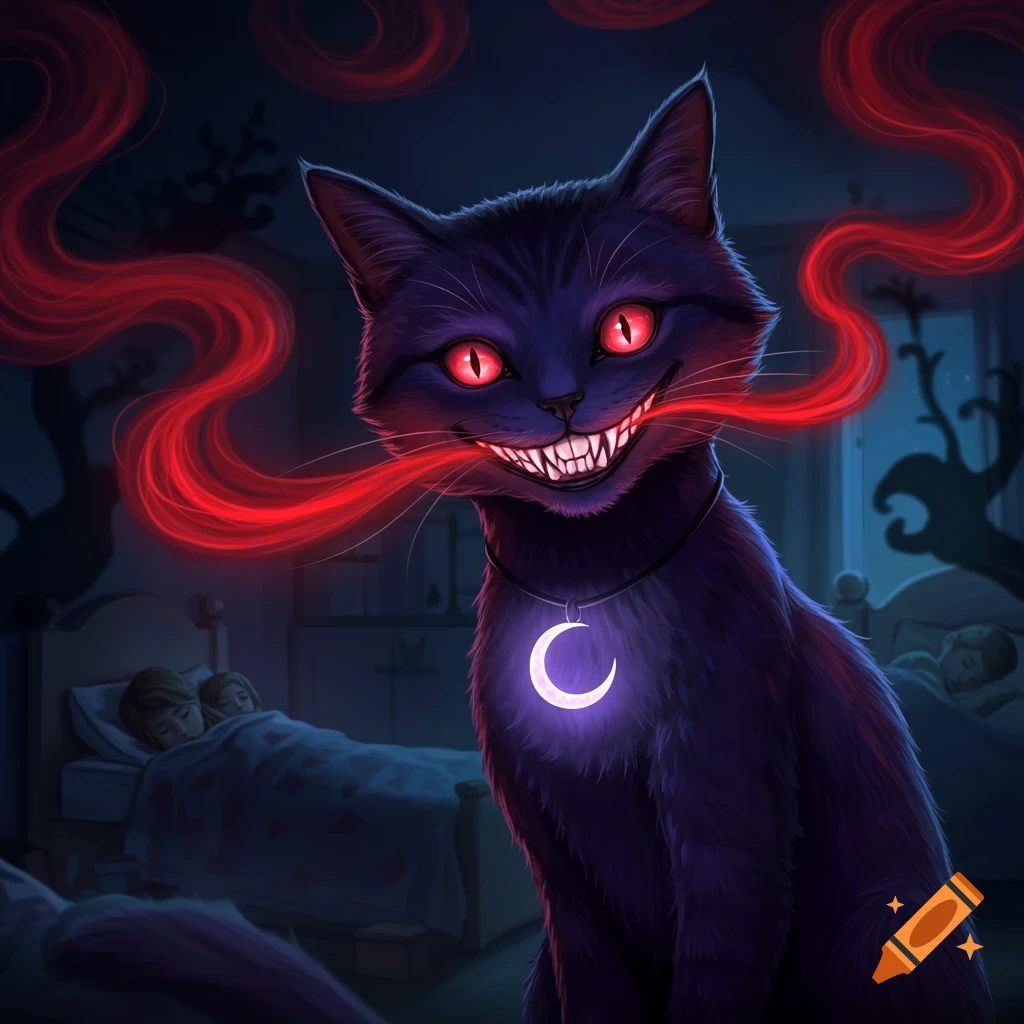 A creepy dark purple cat with glowing red eyes and sharp fangs smiles, emitting red smoke. It wears a glowing crescent moon pendant. Two children sleep in a bed in the dark background.