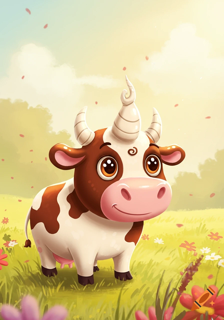A cute cartoon brown and white cow with big eyes, a pink snout, and a central unicorn-like horn stands in a green meadow with flowers.