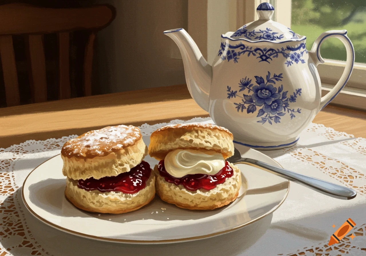 Two painted scones with jam and cream on a white plate next to a blue and white teapot, illuminated by sunlight on a lace tablecloth.