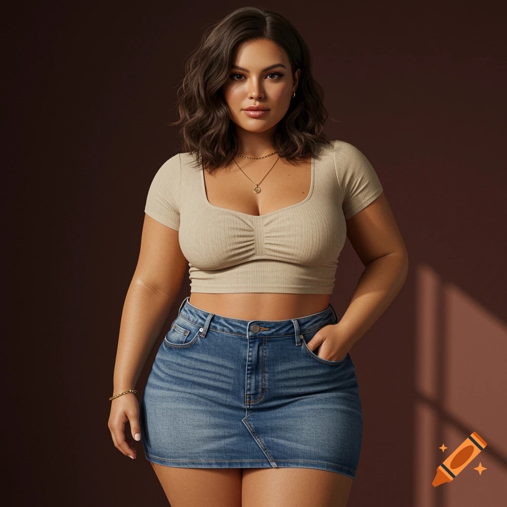 Photorealistic studio portrait of a confident woman with wavy brunette hair, wearing a beige crop top and denim mini skirt.