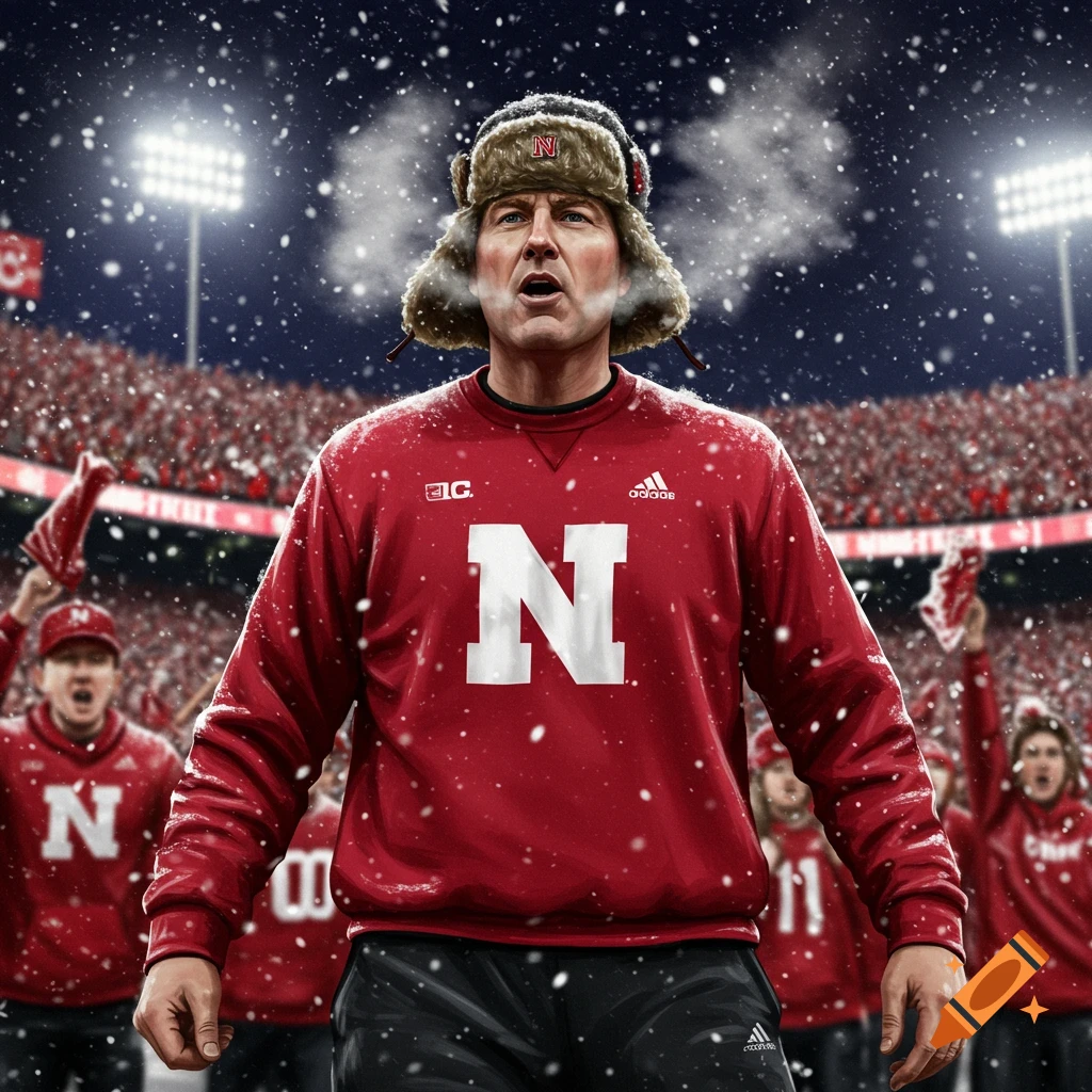 A man in a fur-lined hat and red sweatshirt with a large 'N' on it stands in a snowy football stadium with cheering fans.
