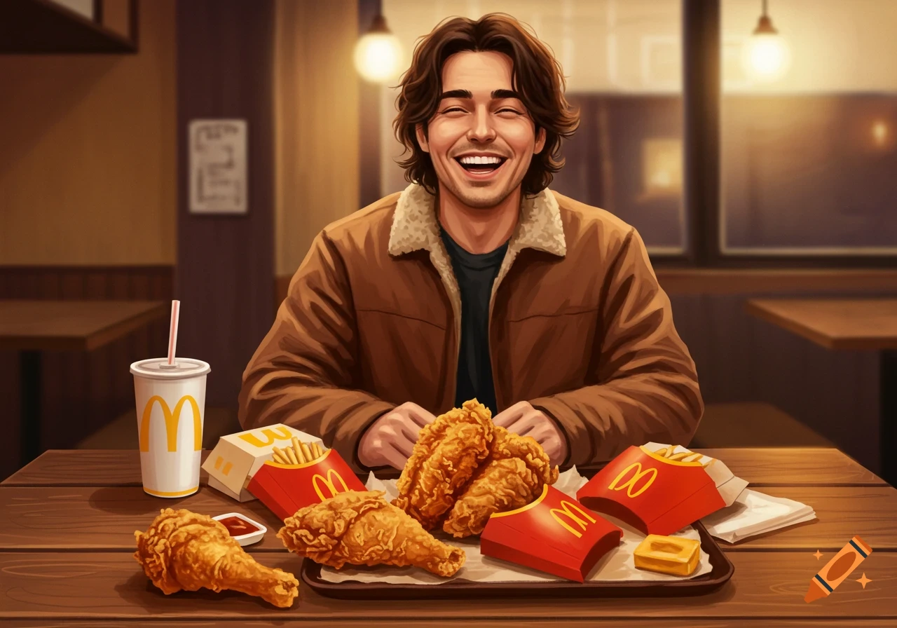 A man with brown hair laughs cheerfully while sitting at a table piled with fried chicken and McDonald's fast food items.