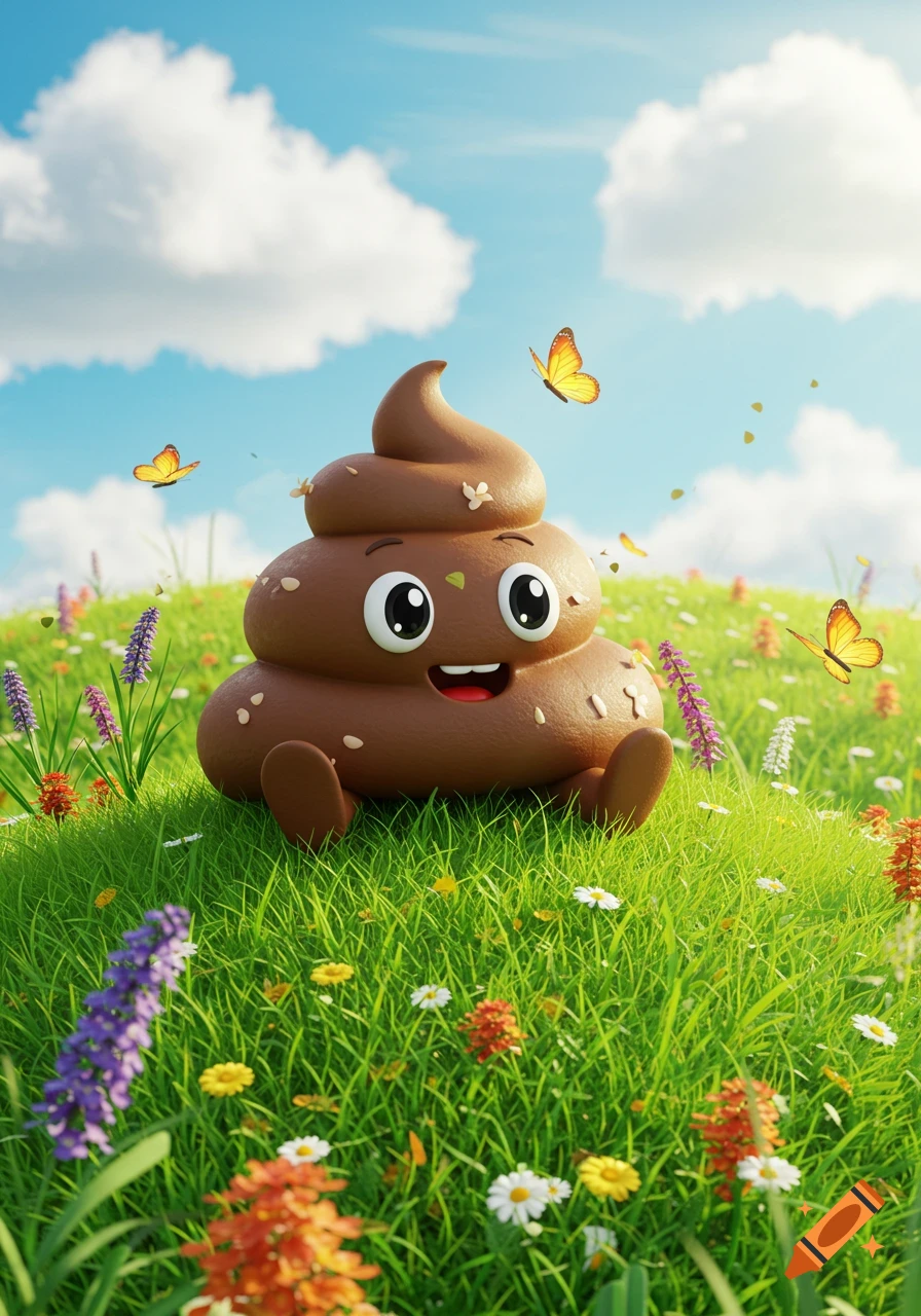 A happy 3D poop emoji in a green field with colorful flowers and butterflies.