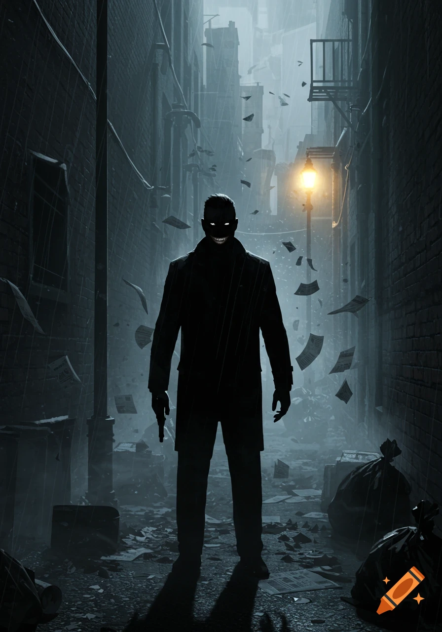 A silhouetted man with glowing eyes and a wide grin stands in a dark, rainy alleyway with flying papers and debris, lit by a streetlamp.