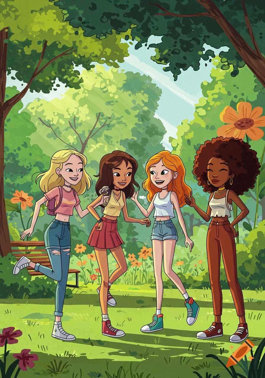 Four diverse cartoon girls, including one with an afro, smile and walk together in a lush, sunny park with trees and flowers.