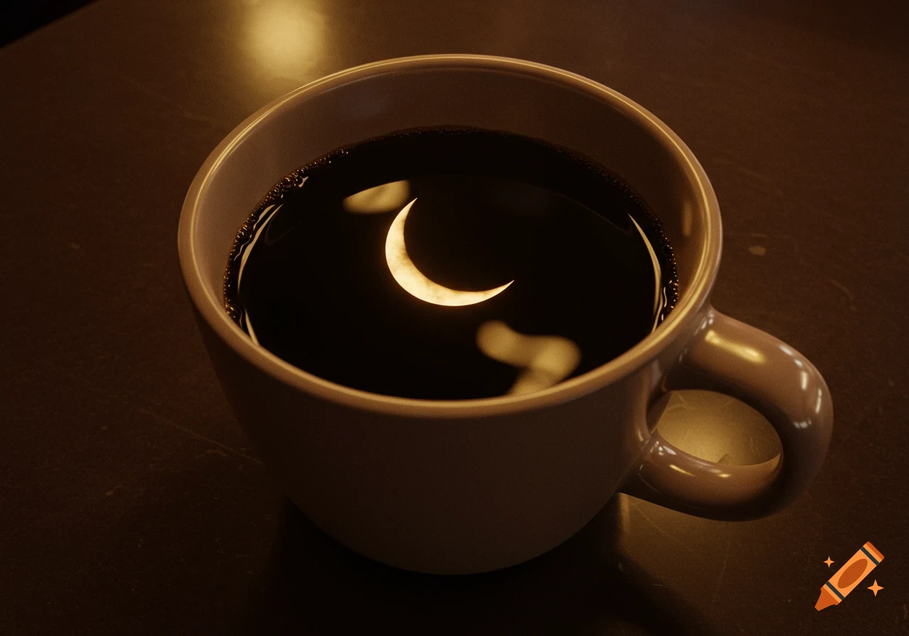 Close-up of a coffee mug with a crescent moon reflection in the dark coffee.