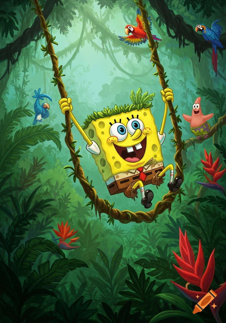 SpongeBob SquarePants swings on a vine in a vibrant jungle with Patrick Star and parrots.