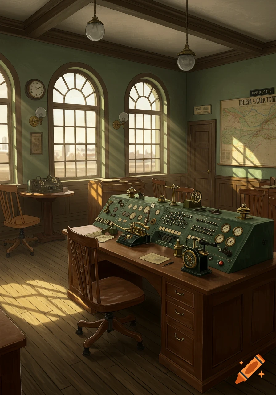 A sunlit 1950s railroad telegraph station interior with a large green console and wooden furniture.