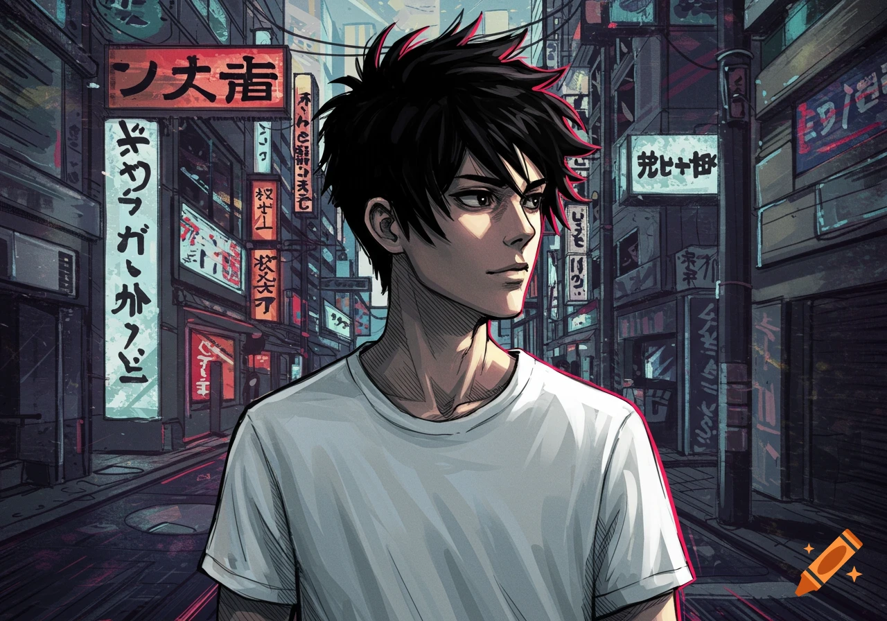 Manga-style portrait of a young man with black spiky hair and a white t-shirt, looking right, with a blurred neon-lit Japanese city street in the background.
