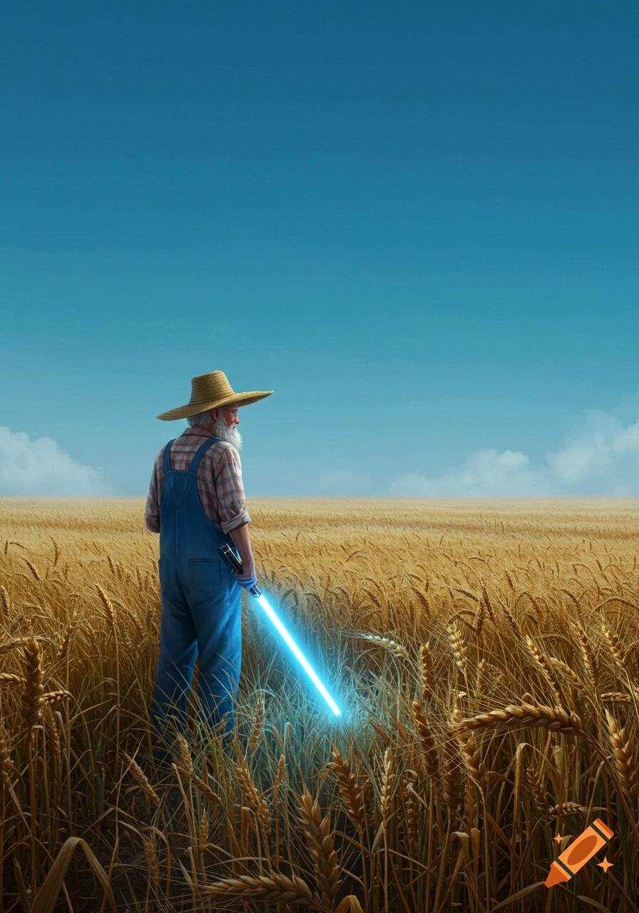 An old bearded farmer in overalls and a straw hat stands in a golden wheat field, holding a glowing blue lightsaber.