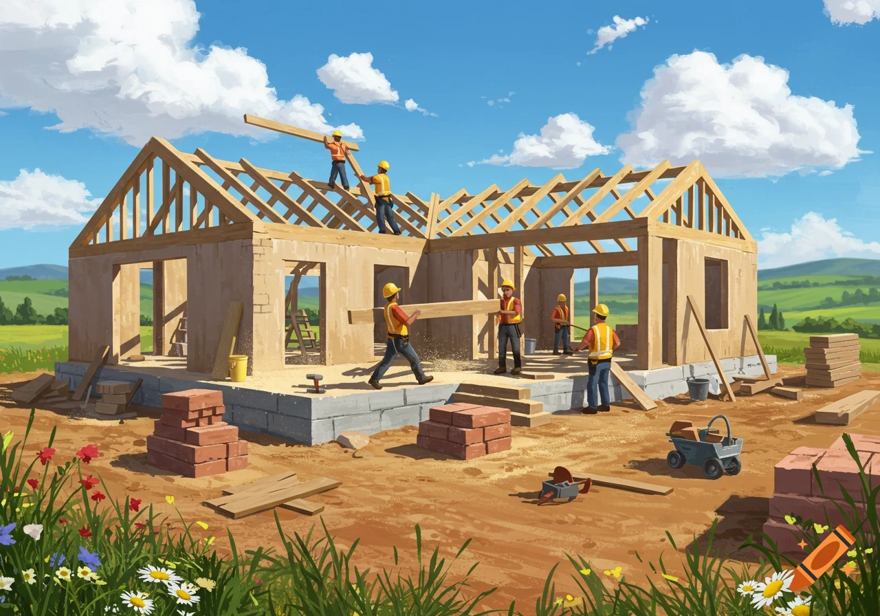 Illustrative painting of a house under construction with workers framing the roof and walls.