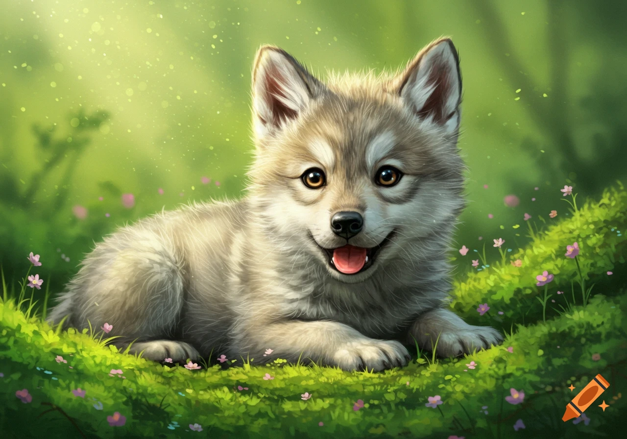 A fluffy, cute wolf cub with big eyes lies in a vibrant green field with small pink flowers, in an illustrative style.
