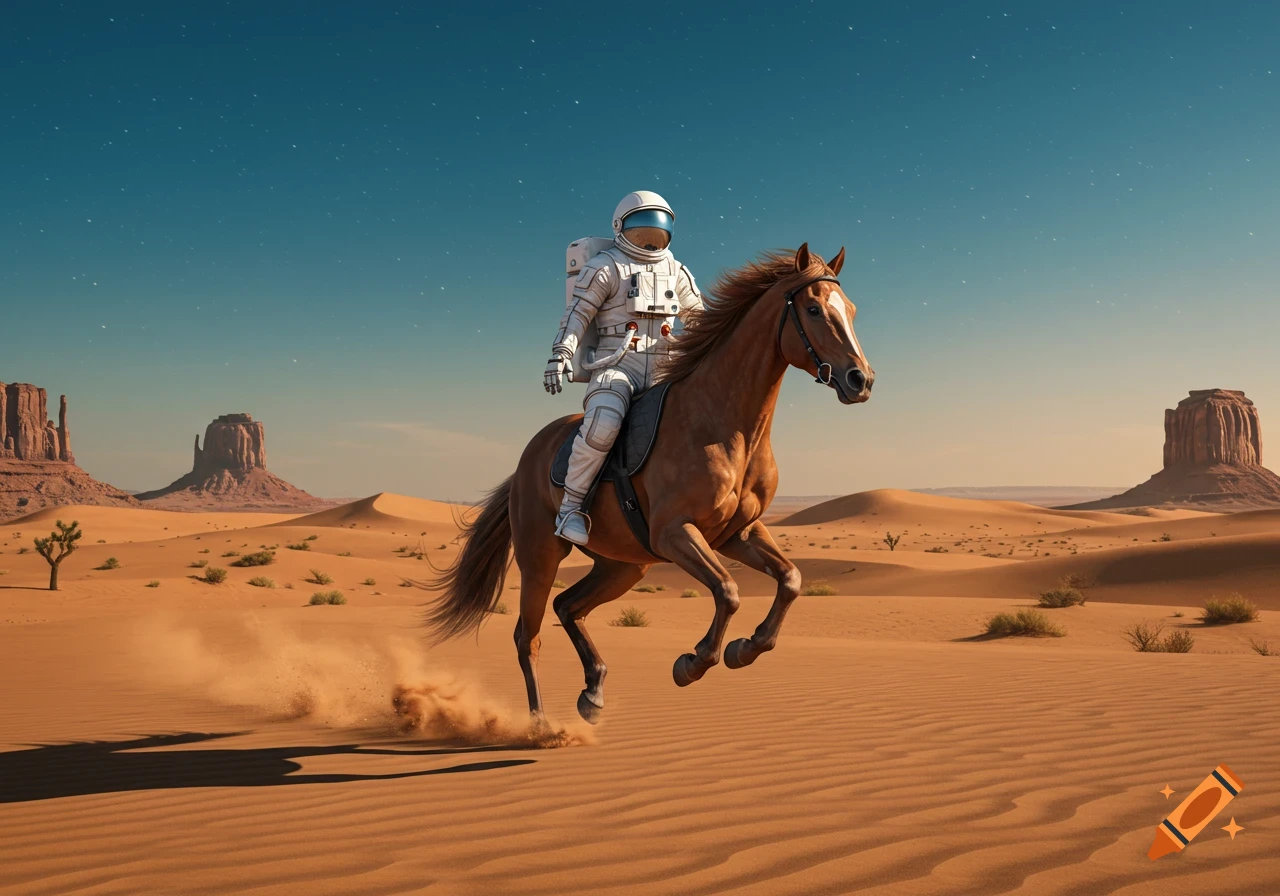 A photorealistic image of an astronaut in a white suit riding a brown horse through a sandy desert with mesas under a blue sky.