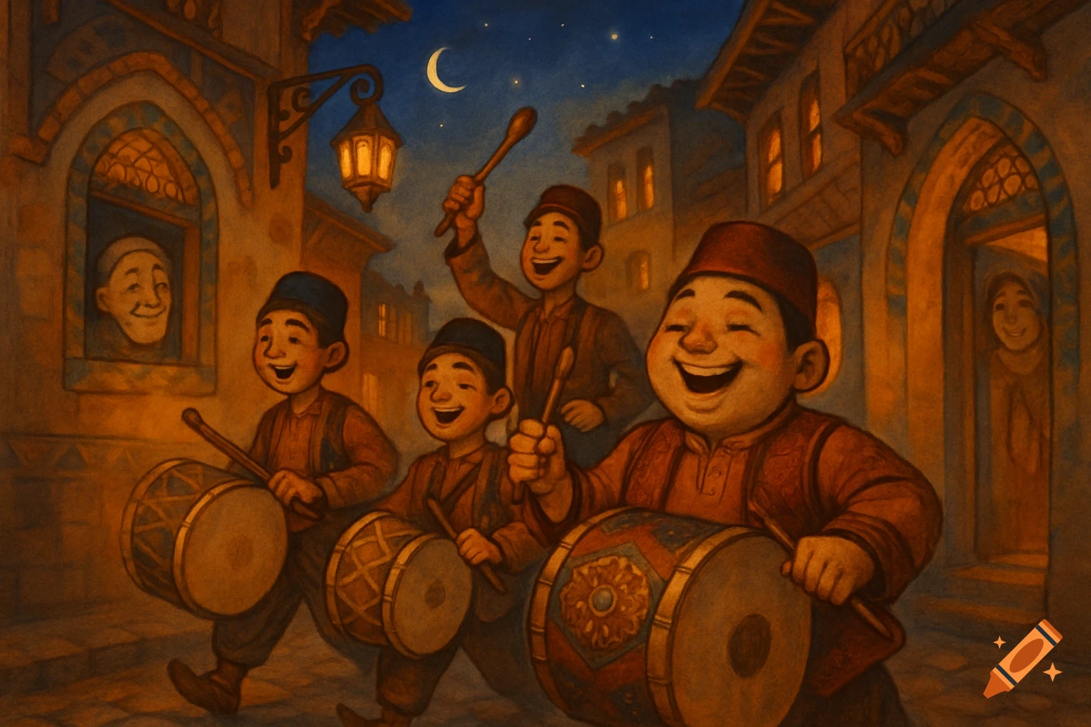Smiling children in traditional attire play drums while walking down a stylized street at night under a crescent moon.