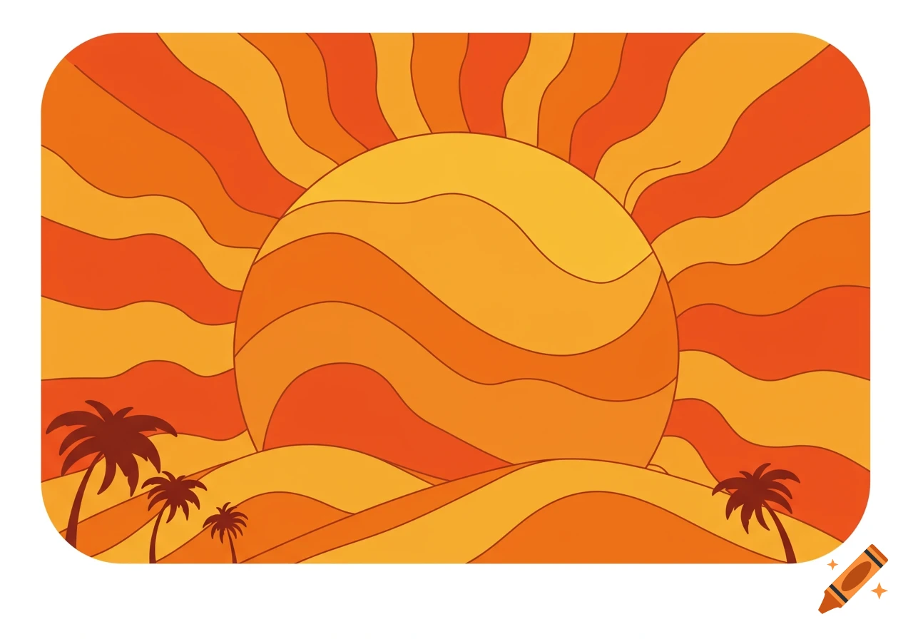 A stylized retro illustration of an orange and yellow sun setting over rolling hills with palm trees.
