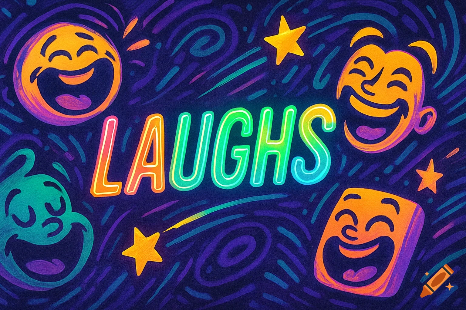 Colorful illustration with the word 'LAUGHS' in bright neon letters, surrounded by laughing emoji-like faces, stars, and abstract swirls on a dark background.
