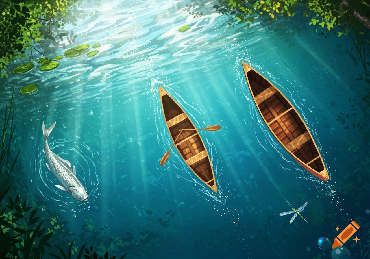 Overhead view of two canoes, a fish, and a dragonfly on a clear blue lake with sunbeams and lush green foliage. Digital illustration.