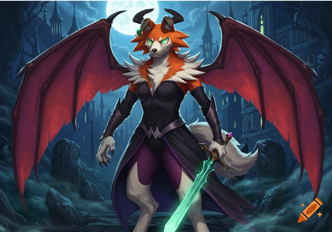Anthro fox-like creature with orange fur, horns, and red wings, in a black dress, holding a glowing sword in a dark fantasy castle.