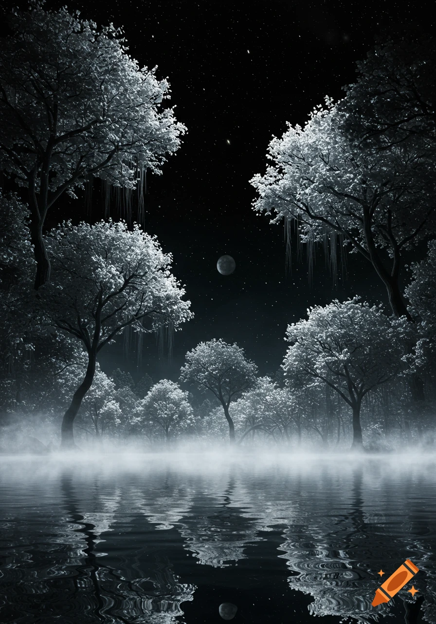 Monochromatic night landscape with white trees surrounding a misty lake under a starry sky with a full moon, reflected in the water.
