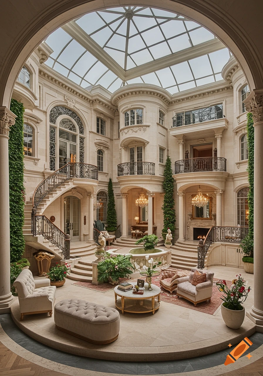 A luxurious mansion interior with a grand courtyard, domed glass ceiling, spiral staircases, and ornate furnishings.