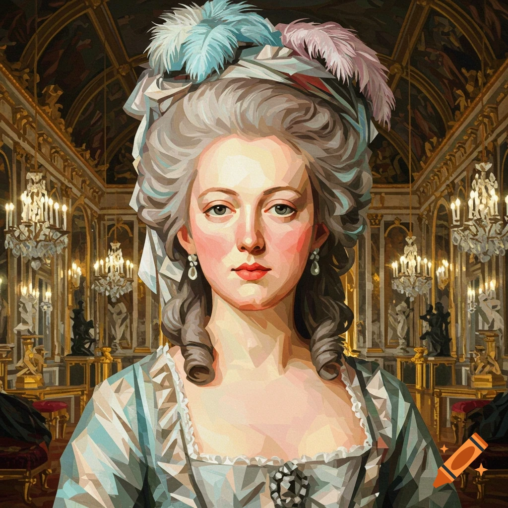 Cubist painting of Marie Antoinette in a grand hall with chandeliers, wearing a feathered wig and elegant gown.