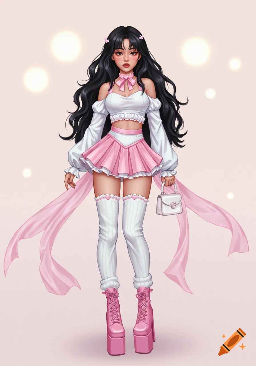An anime-style girl with long black hair and cute makeup wears a white off-shoulder crop top, pink pleated skirt, white thigh-high socks, pink platform boots, and carries a white handbag.