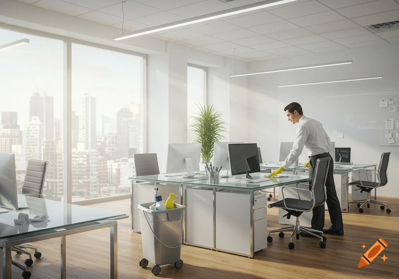A man in a white shirt and yellow gloves wipes a glass desk in a bright, modern office overlooking a city skyline.