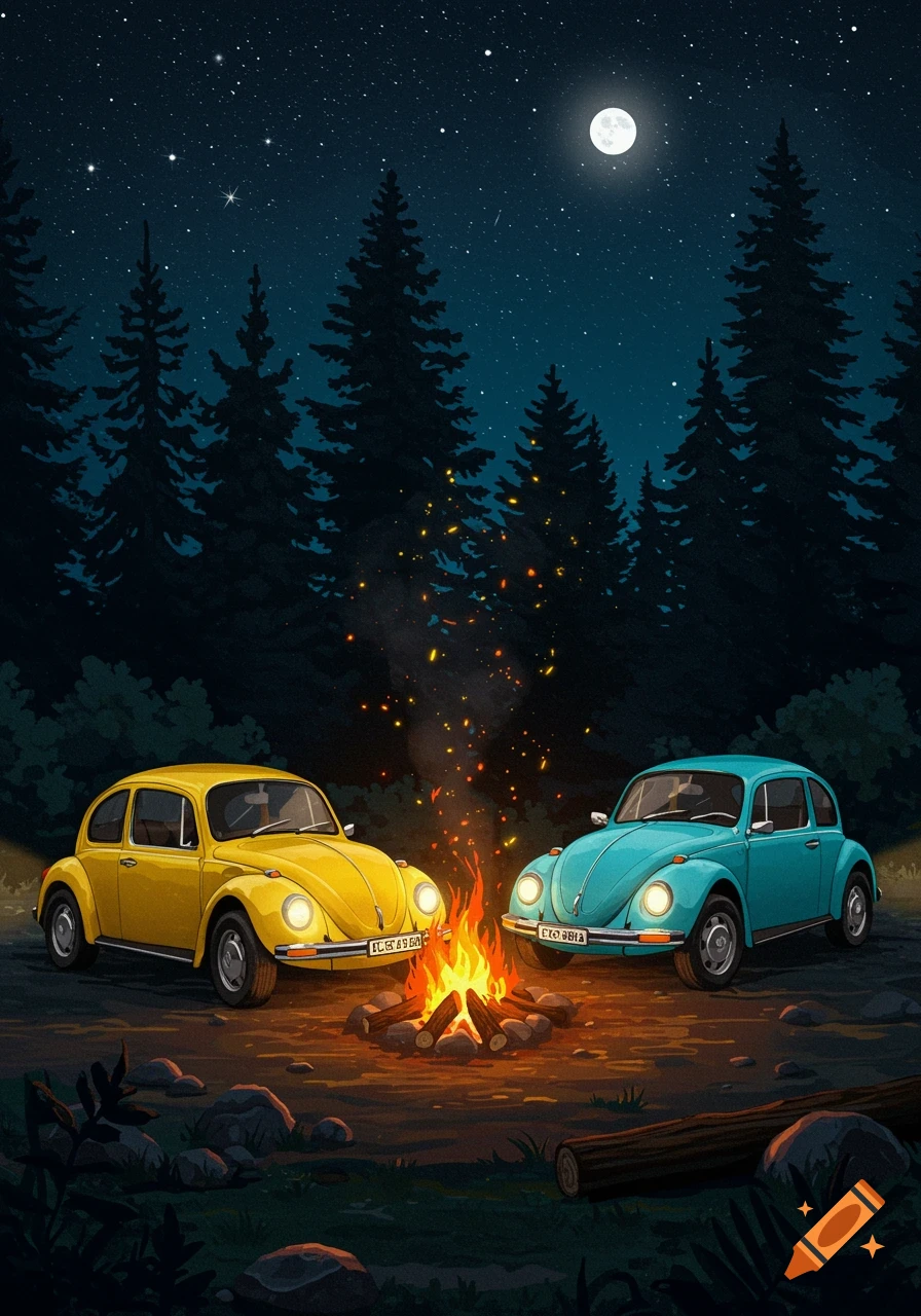 Illustration of a yellow and blue VW Beetle parked by a campfire in a dark forest at night under a full moon.