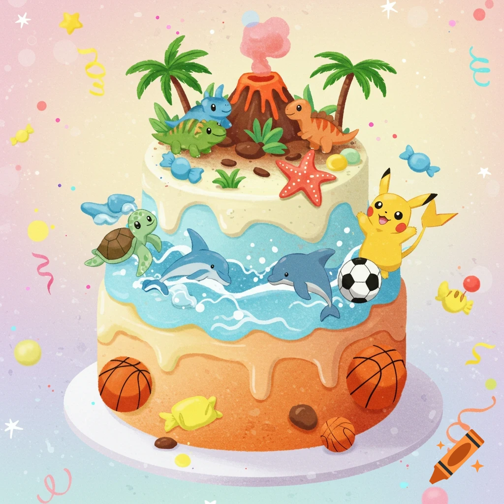A colorful two-tiered birthday cake decorated with cute dinosaurs, dolphins, a turtle, Pikachu holding a soccer ball, and basketballs, against a gradient background with confetti.