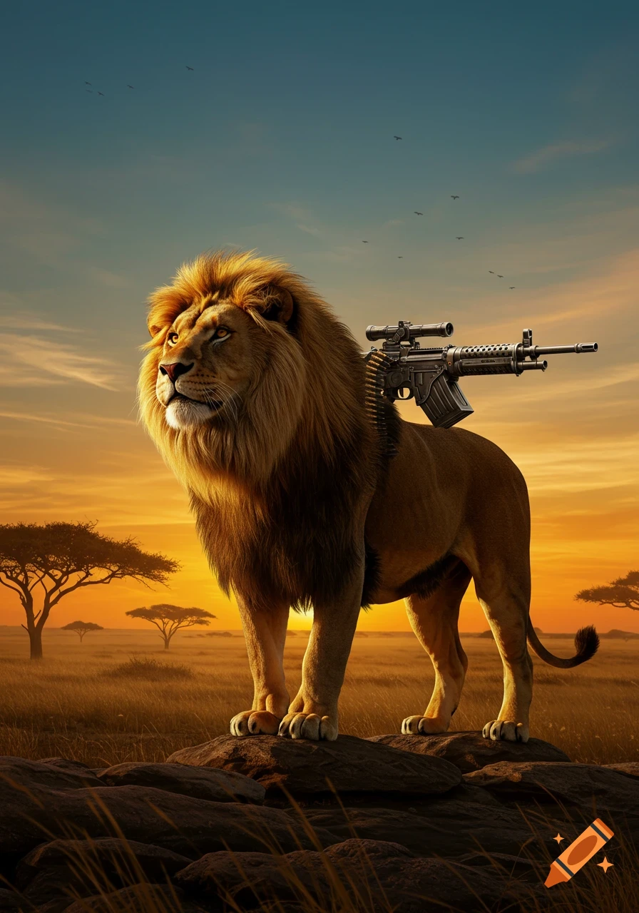 A majestic lion stands on rocks in a savanna at sunset, with a machine gun strapped to its back.