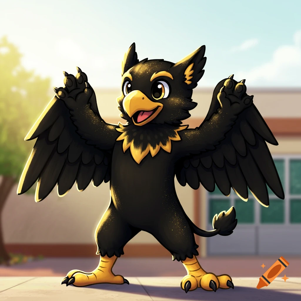 A black and gold cartoon griffin stands outdoors with a raised paw, in a simple cartoon style.