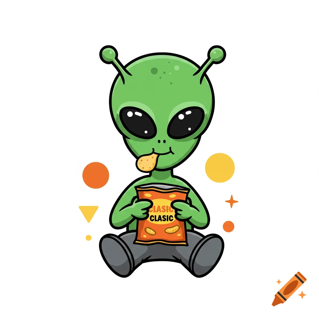 A cute cartoon green alien with large black eyes sits, eating a chip from an orange bag labeled "CLASIC CLASIC."