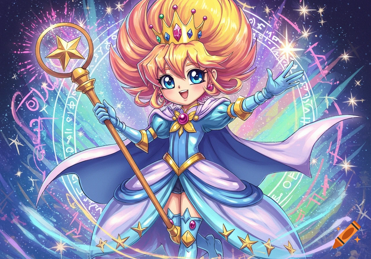 Anime style magical girl with blonde hair and a crown, holding a staff, set against a vibrant, starry, magical background.