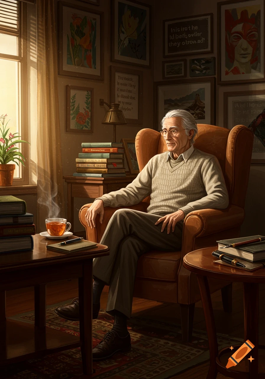 A distinguished elderly man with white hair and glasses sits in a brown armchair in a study, surrounded by books and framed art, with a cup of tea nearby. Sunlight streams through a window.