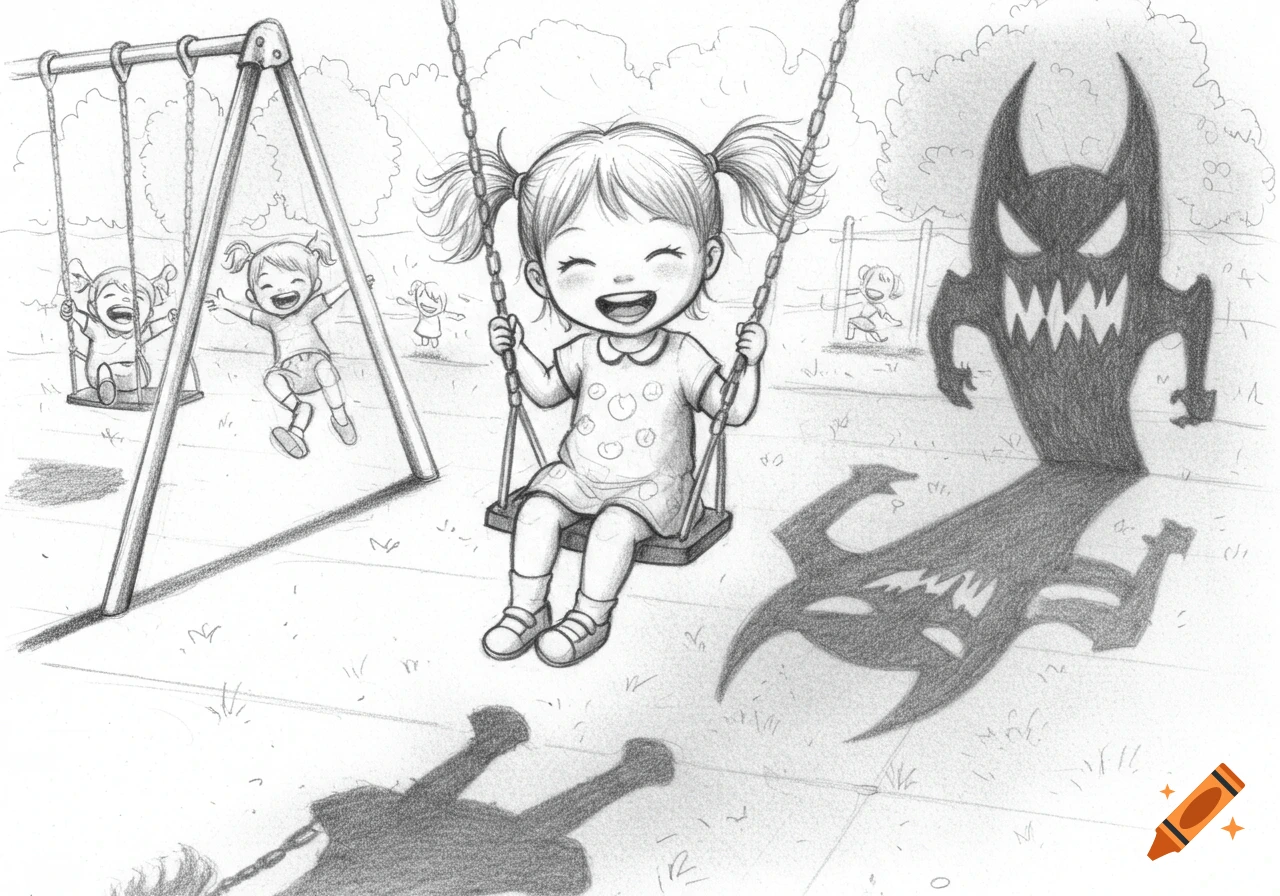 A pencil sketch shows a happy little girl swinging on a playground, her shadow a monstrous figure.