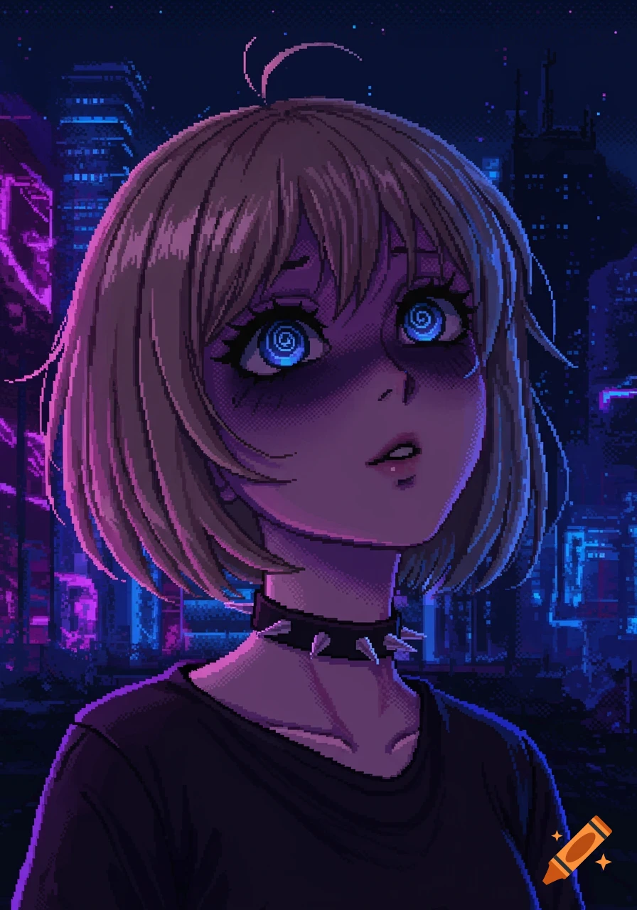 Anime girl with short blonde hair and spiral blue eyes, wearing a spiked collar, set against a neon-lit cyberpunk city at night in pixel art style.