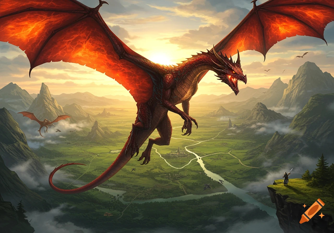 A massive red dragon with glowing wings flies over a vast green valley with mountains, overlooking a lone figure on a cliff.