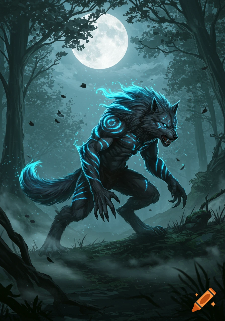 A powerful werewolf with glowing blue markings and eyes stands in a dark forest under a full moon.