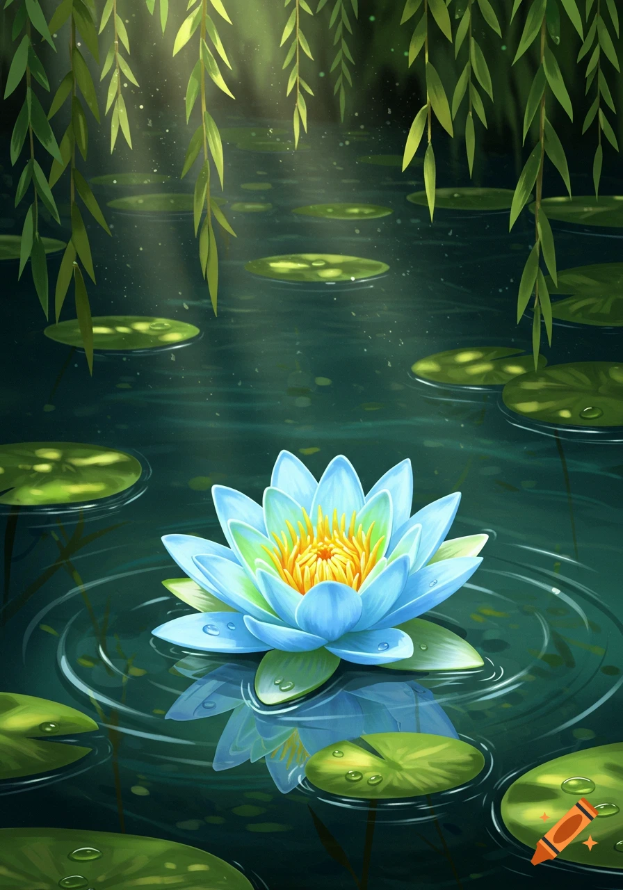 A vibrant light blue water lily with a yellow center floats on dark green water amidst lily pads and hanging willow leaves, illuminated by sun rays. Illustration style.