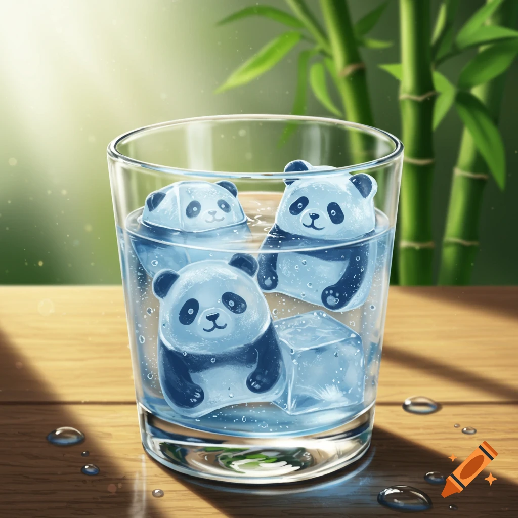 A clear glass filled with water and three cute panda-shaped ice cubes on a wooden table, with a bamboo background.